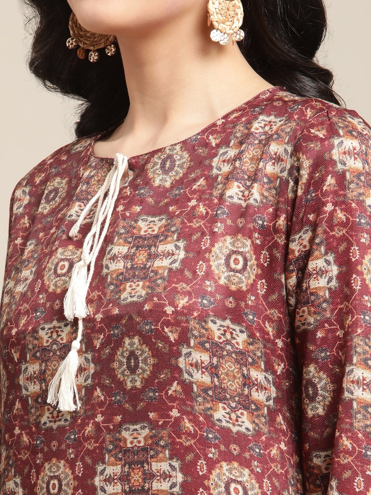 Women's Brown And Cream Floral Printed Round Neckline Straight  Kurta With Full Sleeve And Side Slit - Varanga