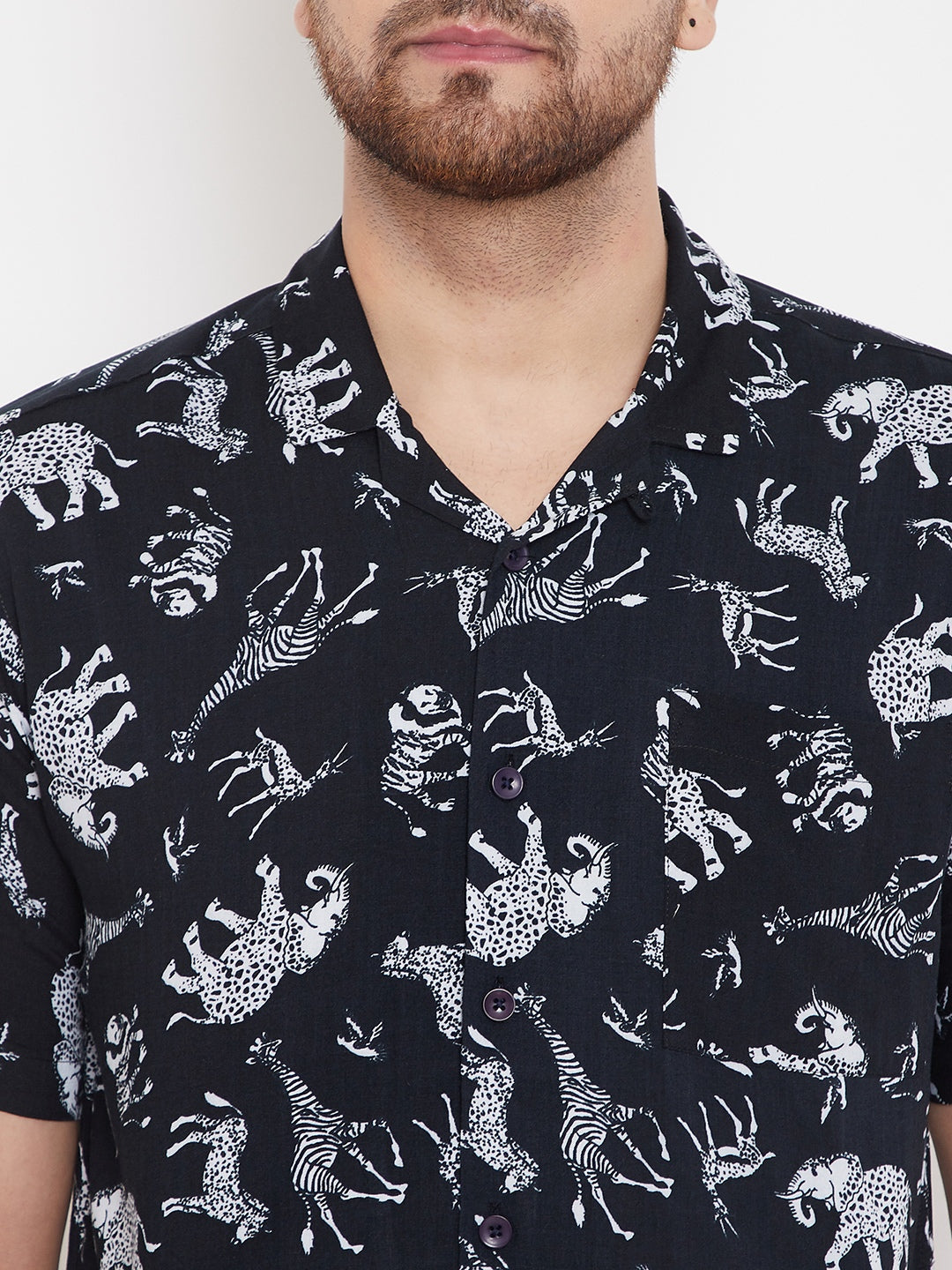 Men's Printed Black Cuban Collar Shirt