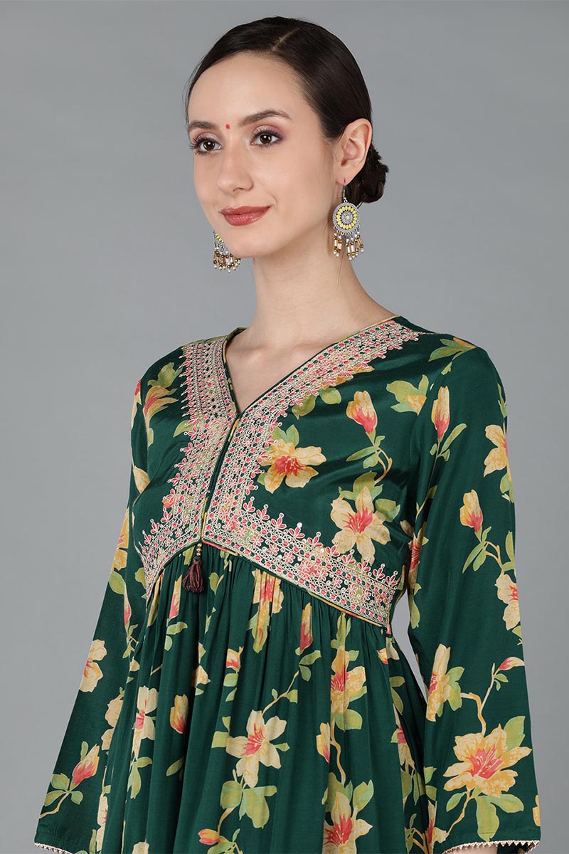 Women's Chanderi Silk Floral Printed Kurta With Pant - Ahika