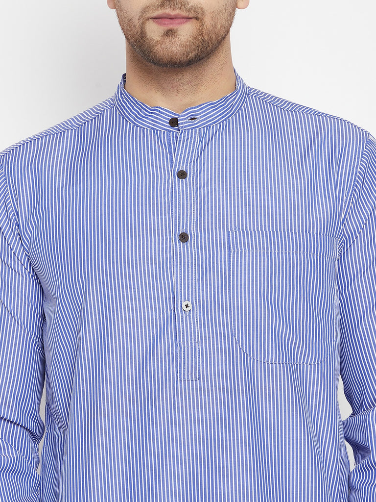 Men's Blue Color Long Kurta with Band Collar