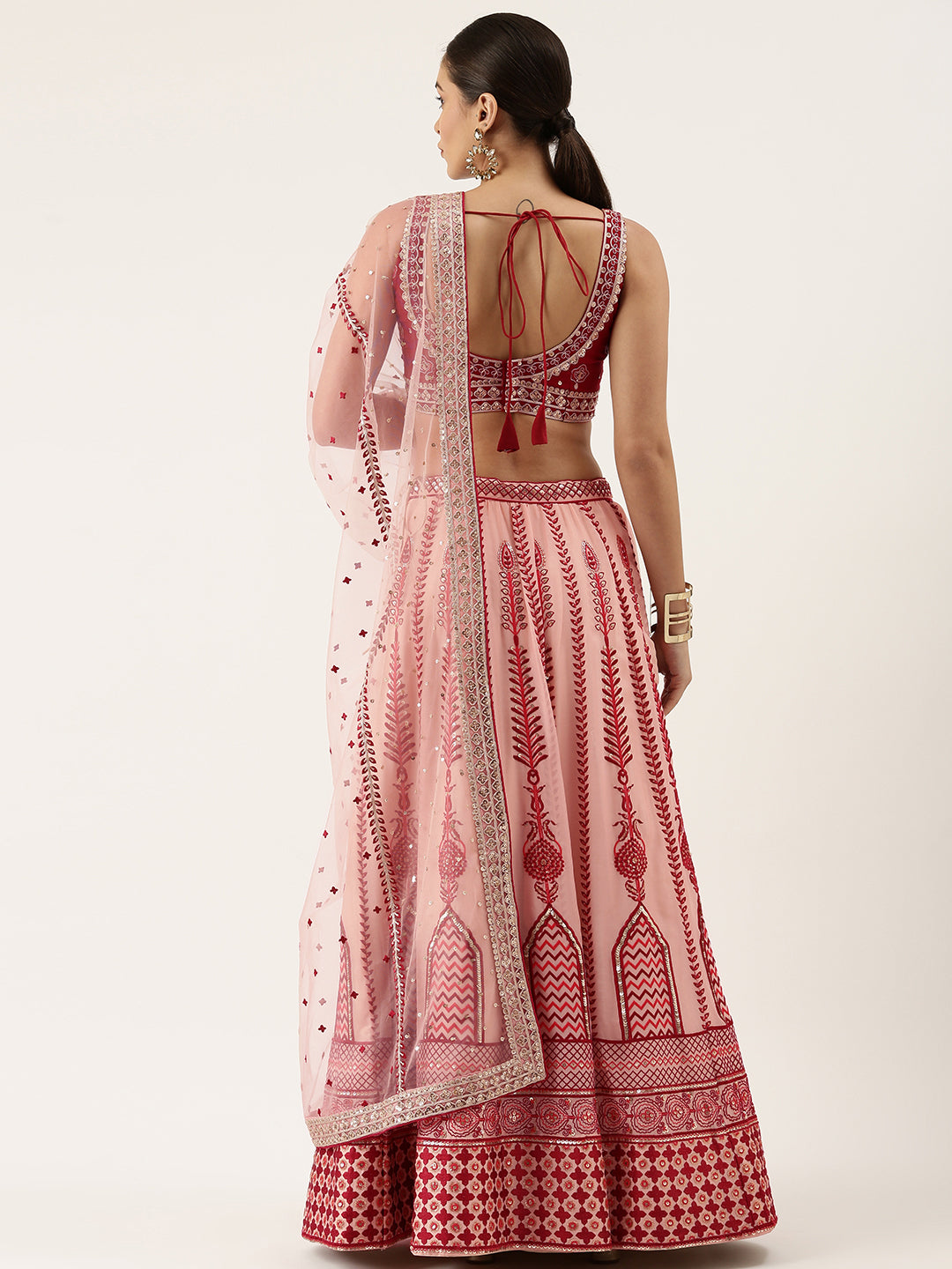 Women's Peach Pure Georgette Thread Work Fully Stitched Lehenga & Fully Stitched Blouse With Dupatta - Royal Dwells