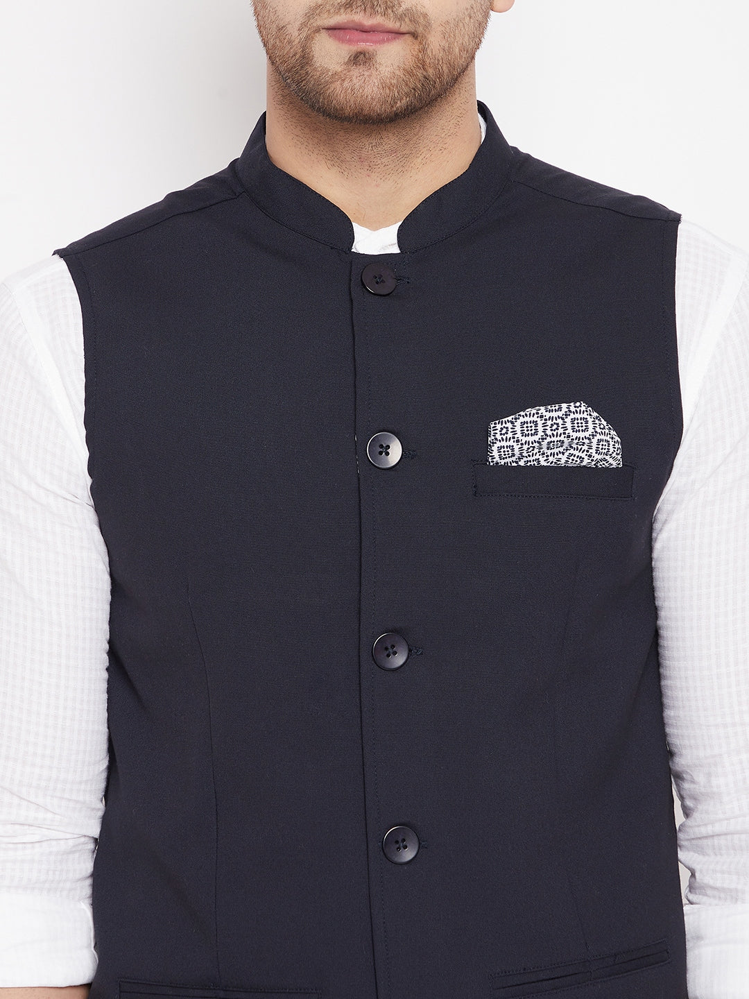 Men's Navy Color Nehru Jacket-Contrast Lining-Inbuilt Pocket Square - Even Apparels