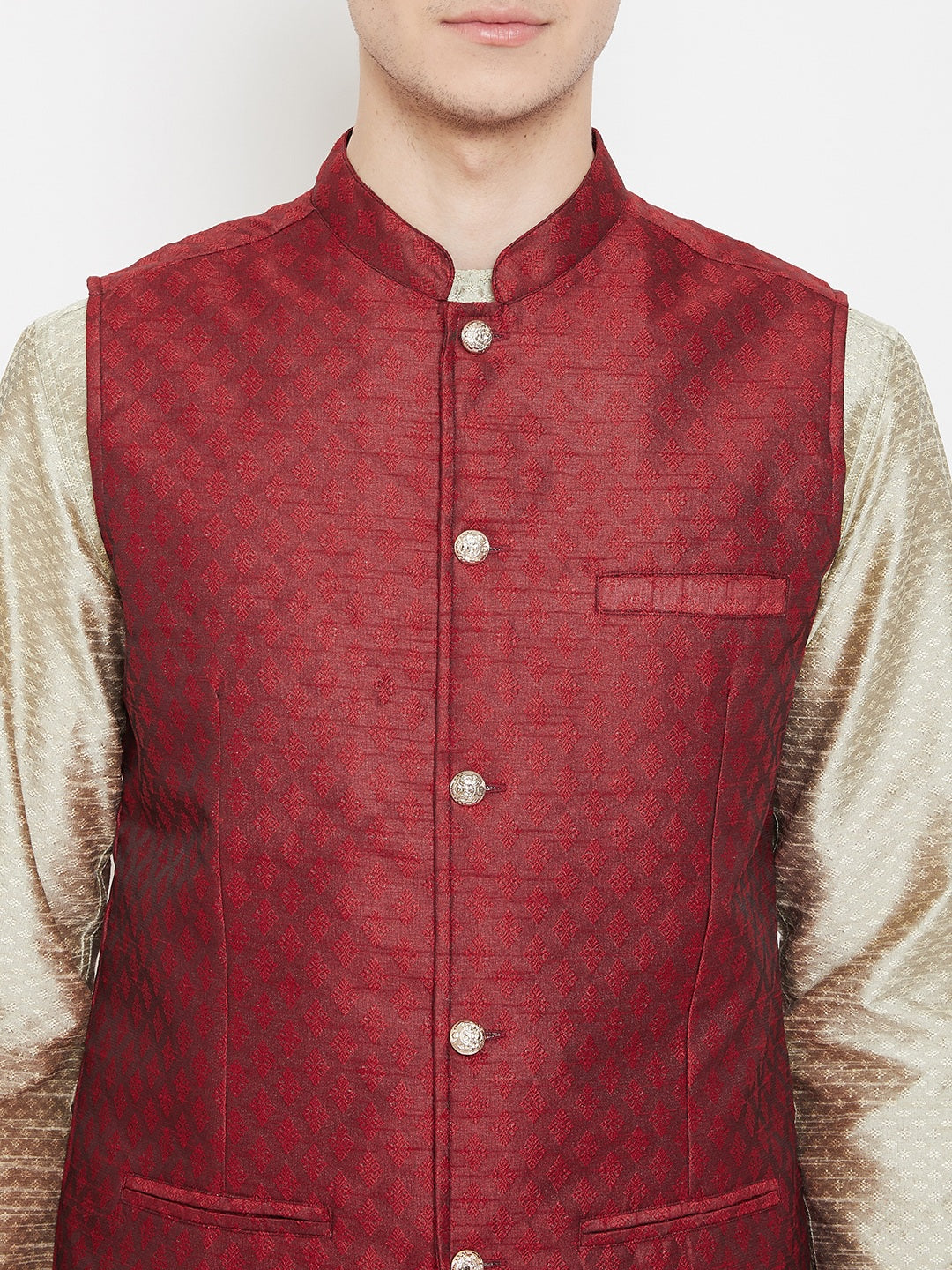 Men's Jacquard Red Silk Nehru Jacket - Even Apparels