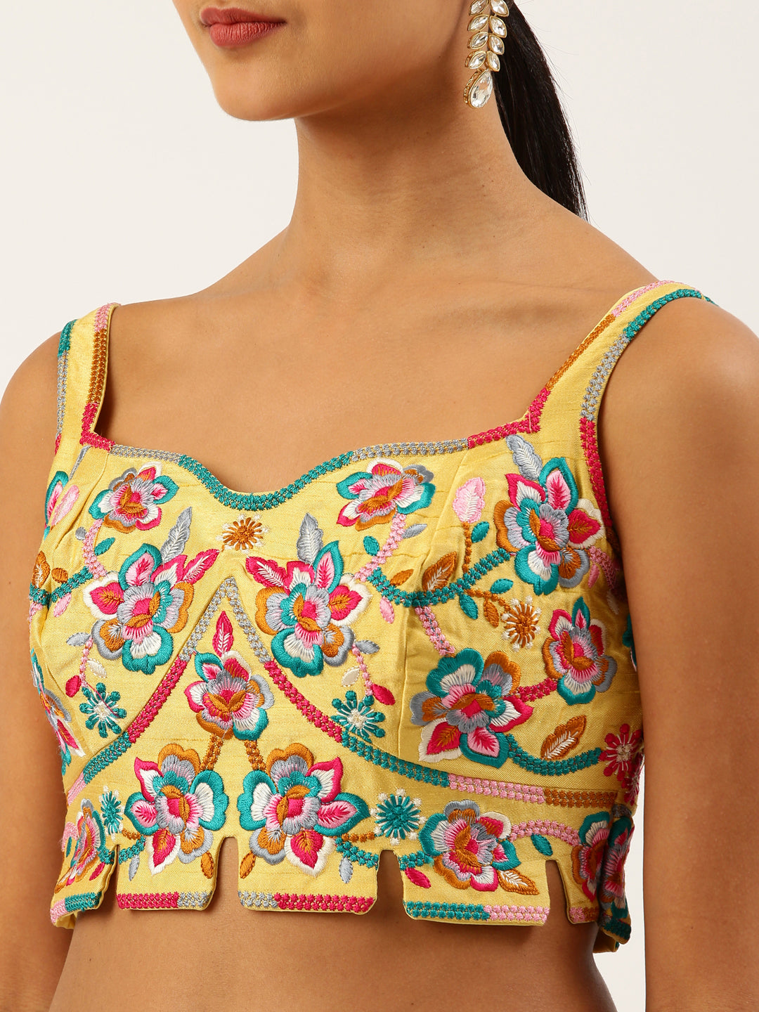 Women's Lemon Yellow Pink Toned Thread Work Pure Art Silk Readymade Blouse - Royal Dwells
