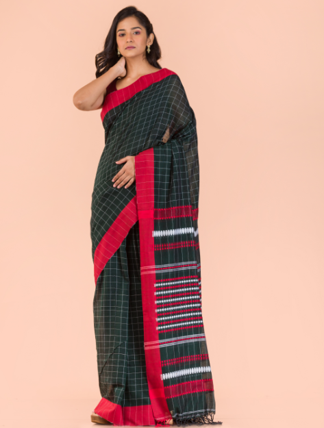 Women's Black handwoven cotton saree - Angoshobha
