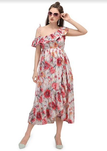 Women's White Off Shoulder Floral Ankle Length Tunic Dress - MESMORA FASHIONS