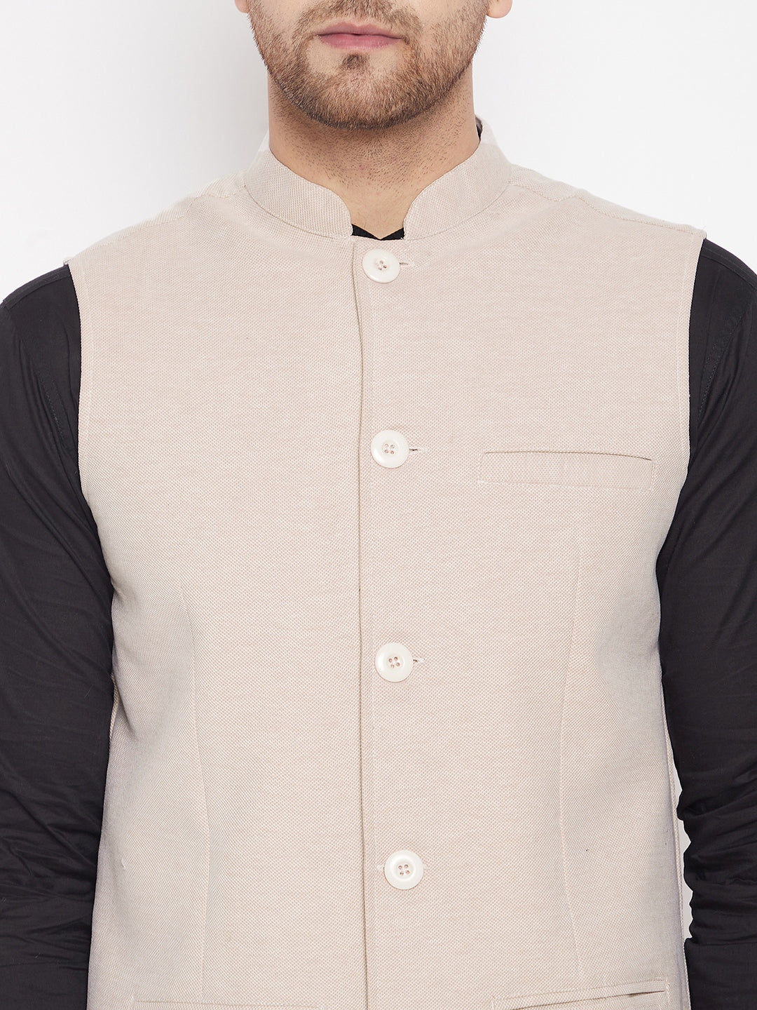 Men's Cream Color Woven Nehru Jacket - Even Apparels