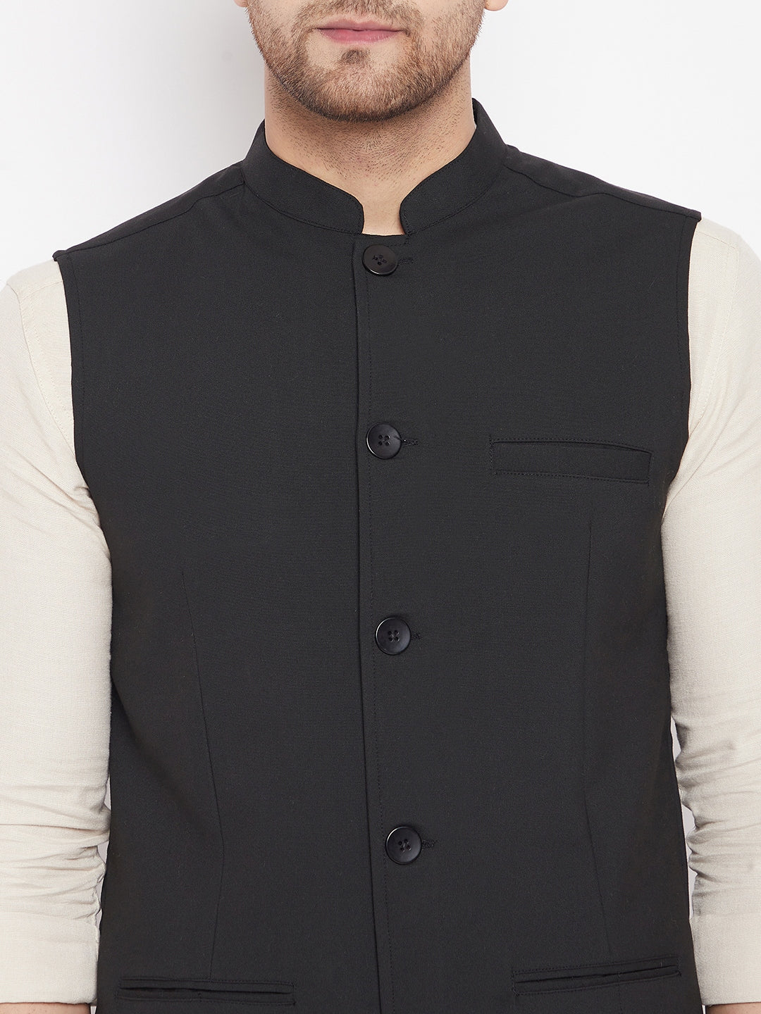 Men's Black Color Woven Nehru Jacket - Even Apparels