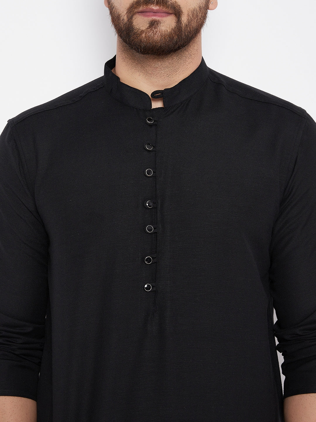 Men's Solid Black Linen Kurta - Even Apparels