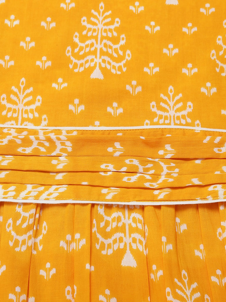 Women's Orange Printed Cowl Belt Cotton Dress