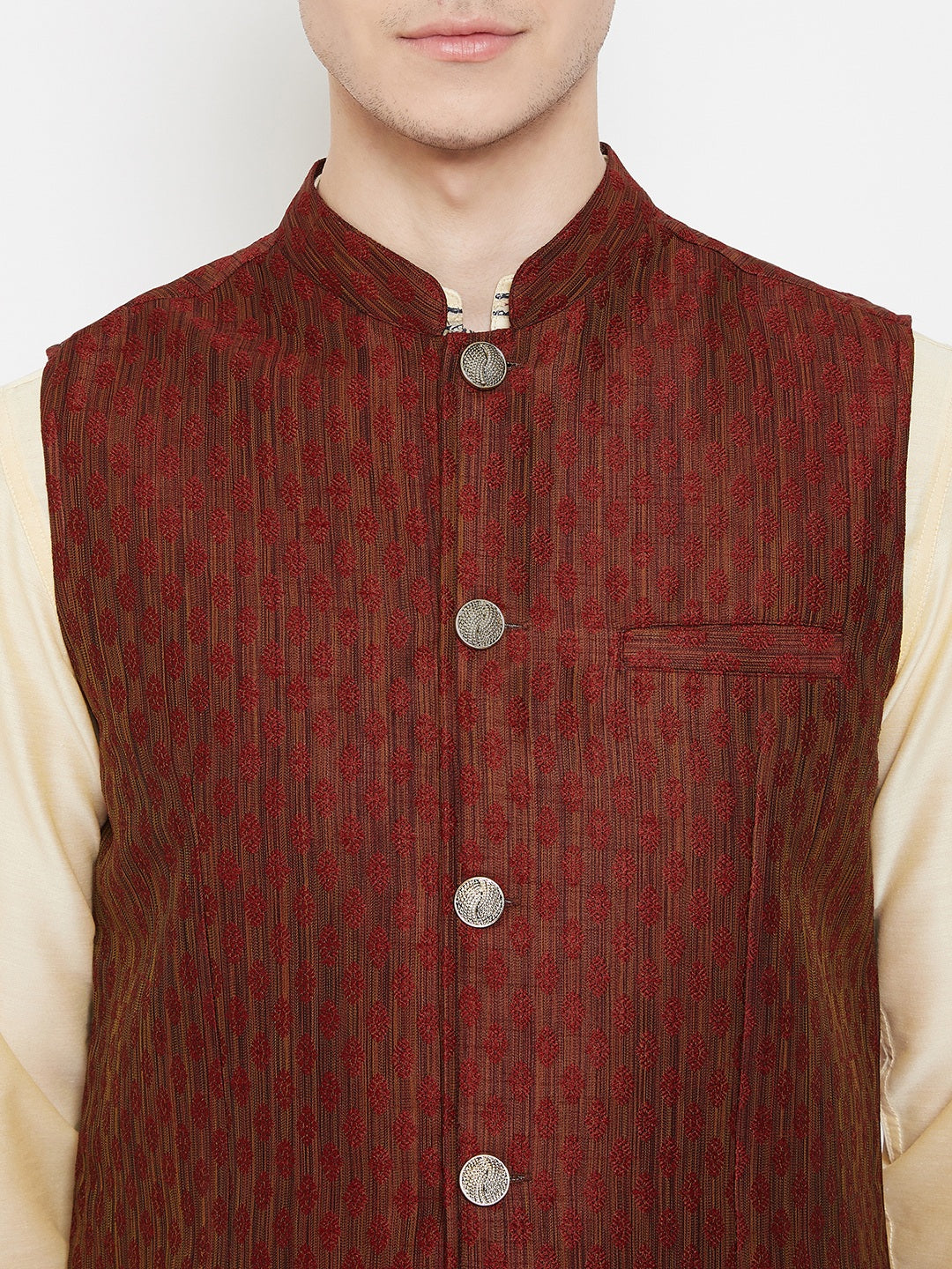 Men's Jacquard Maroon Silk Nehru Jacket - Even Apparels