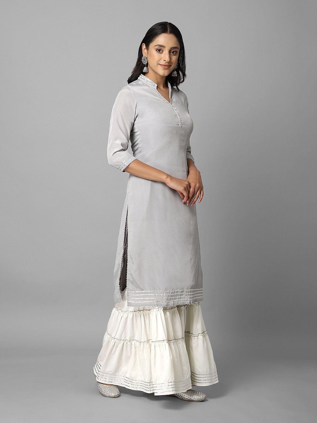 Women's Solid Grey And Cream Side Slit Straight Kurta And Sharara Set - Azira
