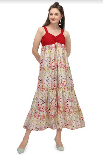 Women's Red Hot Baby Yoke Digital Printed Flarry Long Tunic Dress - MESMORA FASHIONS