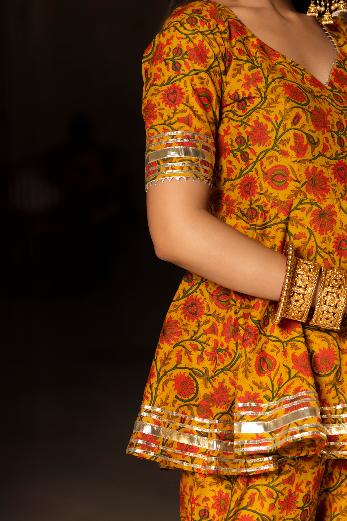 Women's DARPAN MUSTARD  YELLOW HAND BLOCK COTTON  SHARARA SET - Pomcha Jaipur