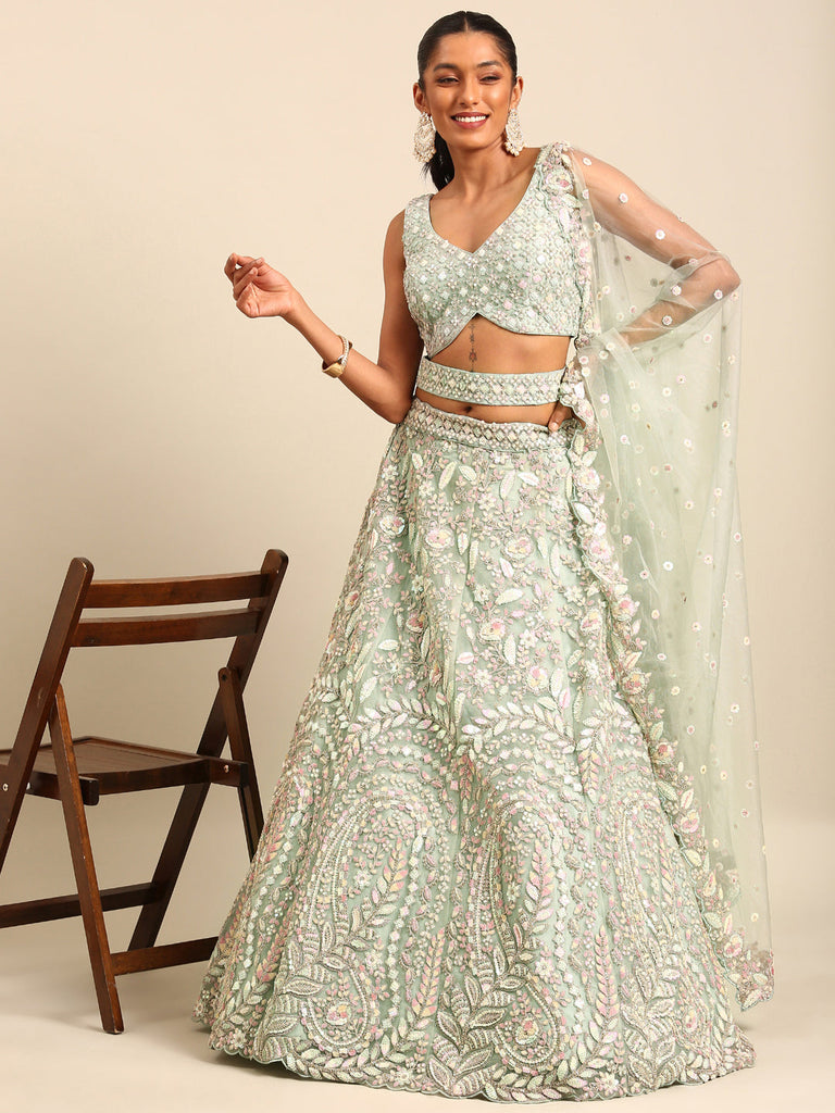 Women 's Sea green Net Multi Sequins with heavy Zarkan embroidery Ready to Wear Lehenga choli & Dupatta