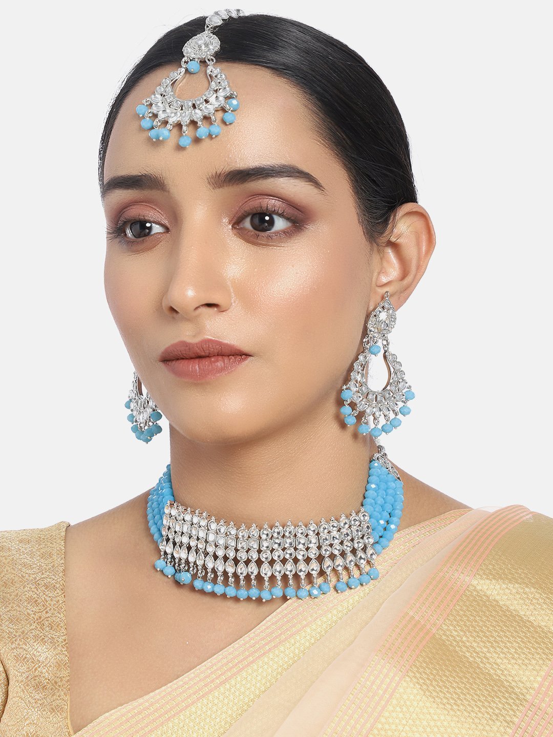 Women's Rhodium Plated Ethnic Turquoise Kundan & Pearl Choker Necklace Set - i jewels
