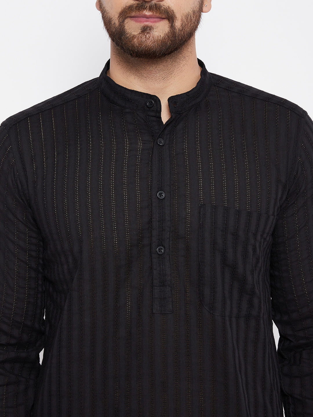 Men's Pure Cotton Striped Black Kurta - Even Apparels