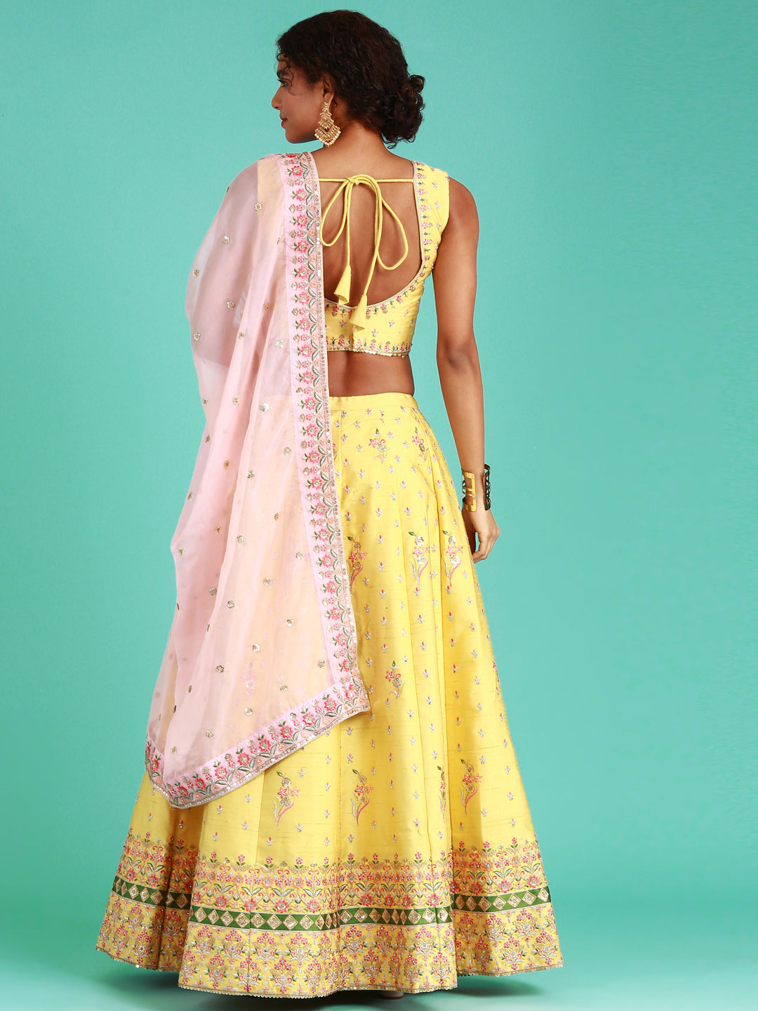 Women's Yellow Pure Silk Thread Work Lehenga & Blouse With Dupatta - Royal Dwells