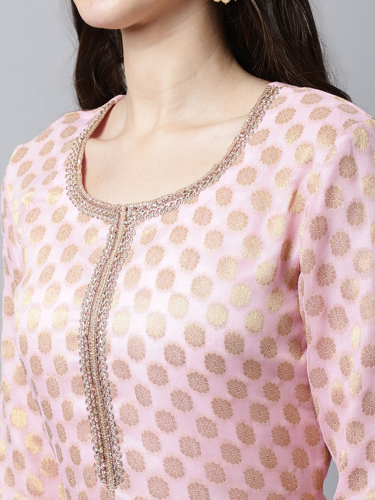 Women's Baby Pink Straight Banarasi Kurti With Flared Palazzo