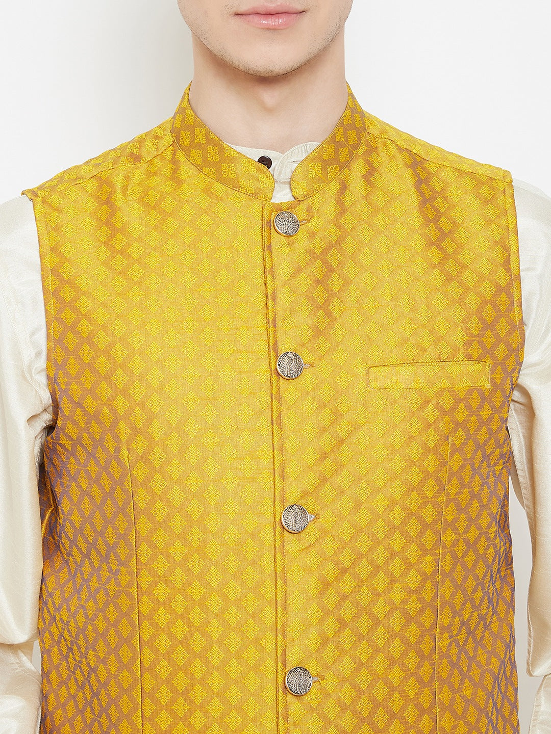 Men's Jacquard Yellow Silk Nehru Jacket - Even Apparels