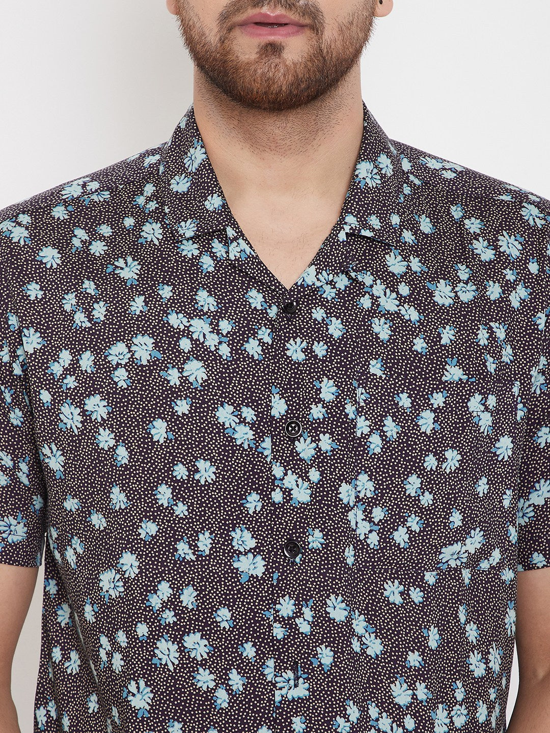 Men's Black & Aqua Floral Cuban Collar Shirt