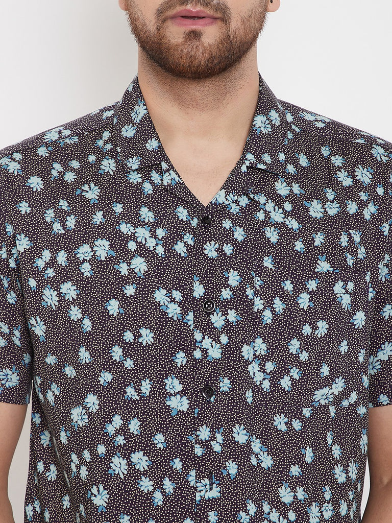 Men's Black & Aqua Floral Cuban Collar Shirt