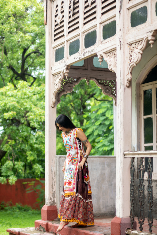 Women's Off White Dhingli Motif Embroidered Panel Top Paired With Wine Trendy Printed Skirt - Mesmora Fashion