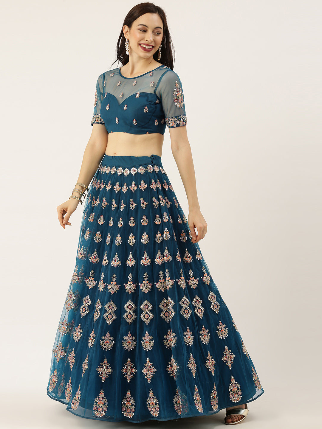 Women's Teal Colour Net With Miror Work Fully Stitched Lehenga & Blouse With Dupatta - Royal Dwells