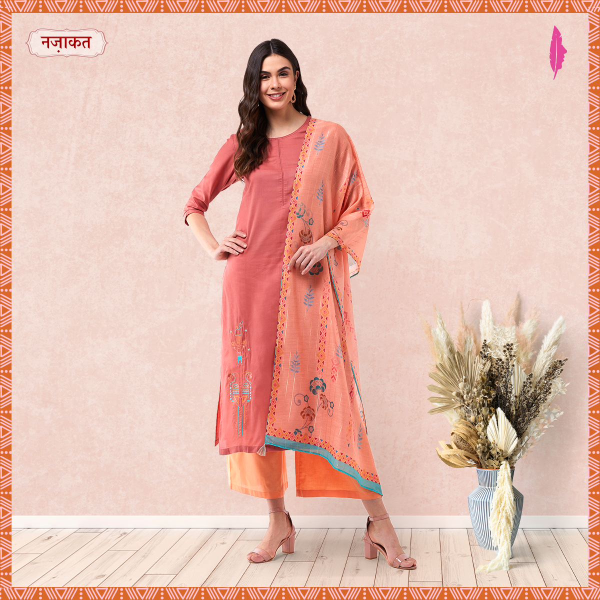 Women's Dusty Pink Embroidered Kurta With Pants And Orange Digital Printed Dupatta - Pannkh