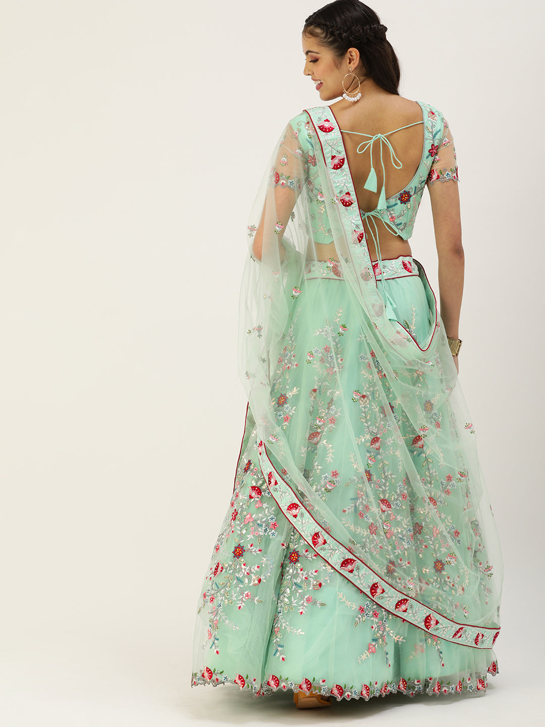 Women's Sea Green Net Sequince Embroidered Lehenga & Blouse With Dupatta - Royal Dwells