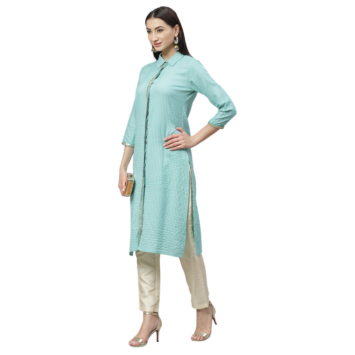 Women's Green Cotton Check 3/4 Sleeve Shirt Collar Casual Kurta Only - Myshka