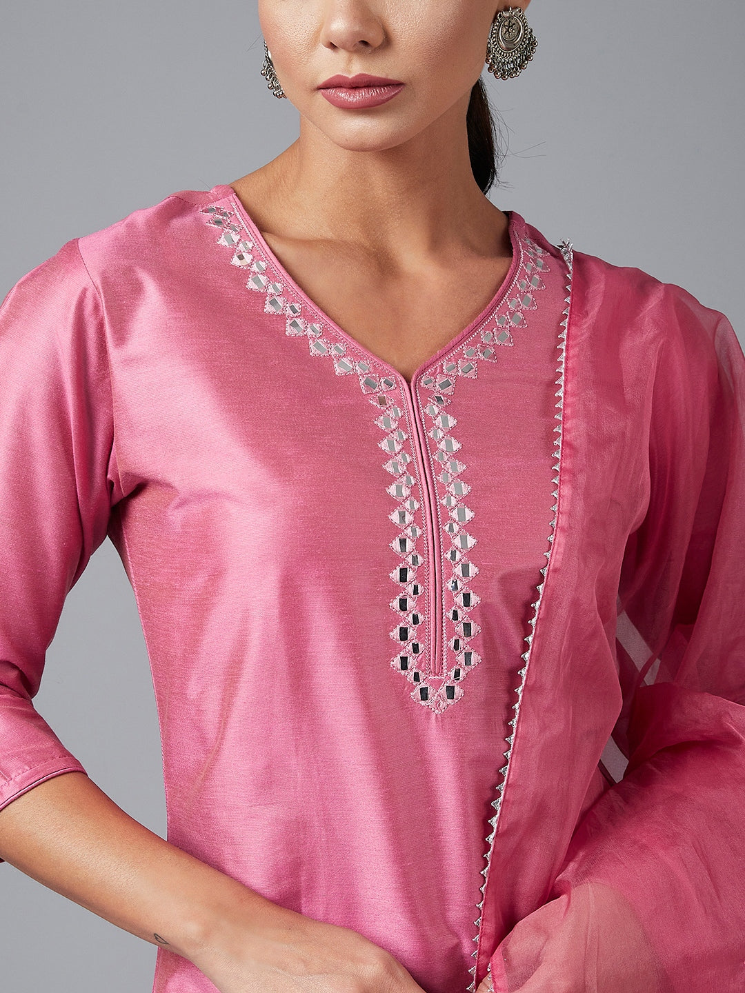 Women's Pink Solid Embroidred Side Slit Straight Kurta Palazzo And Dupatta Set - Azira