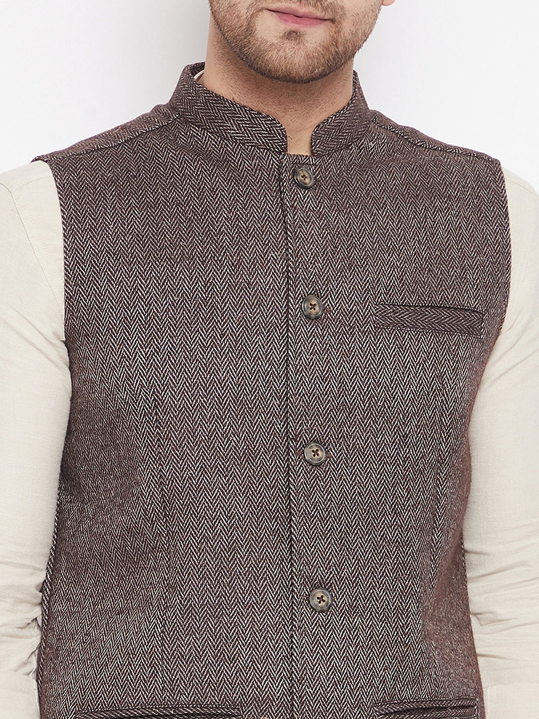 Men's Brown Color Woven Nehru Jacket - Even Apparels
