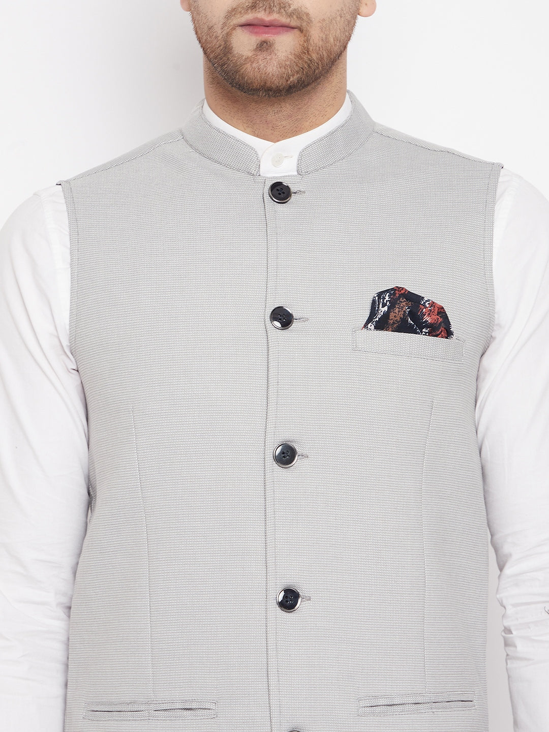 Men's Grey Color Nehru Jacket-Contrast Lining-Free Pocket Square - Even Apparels