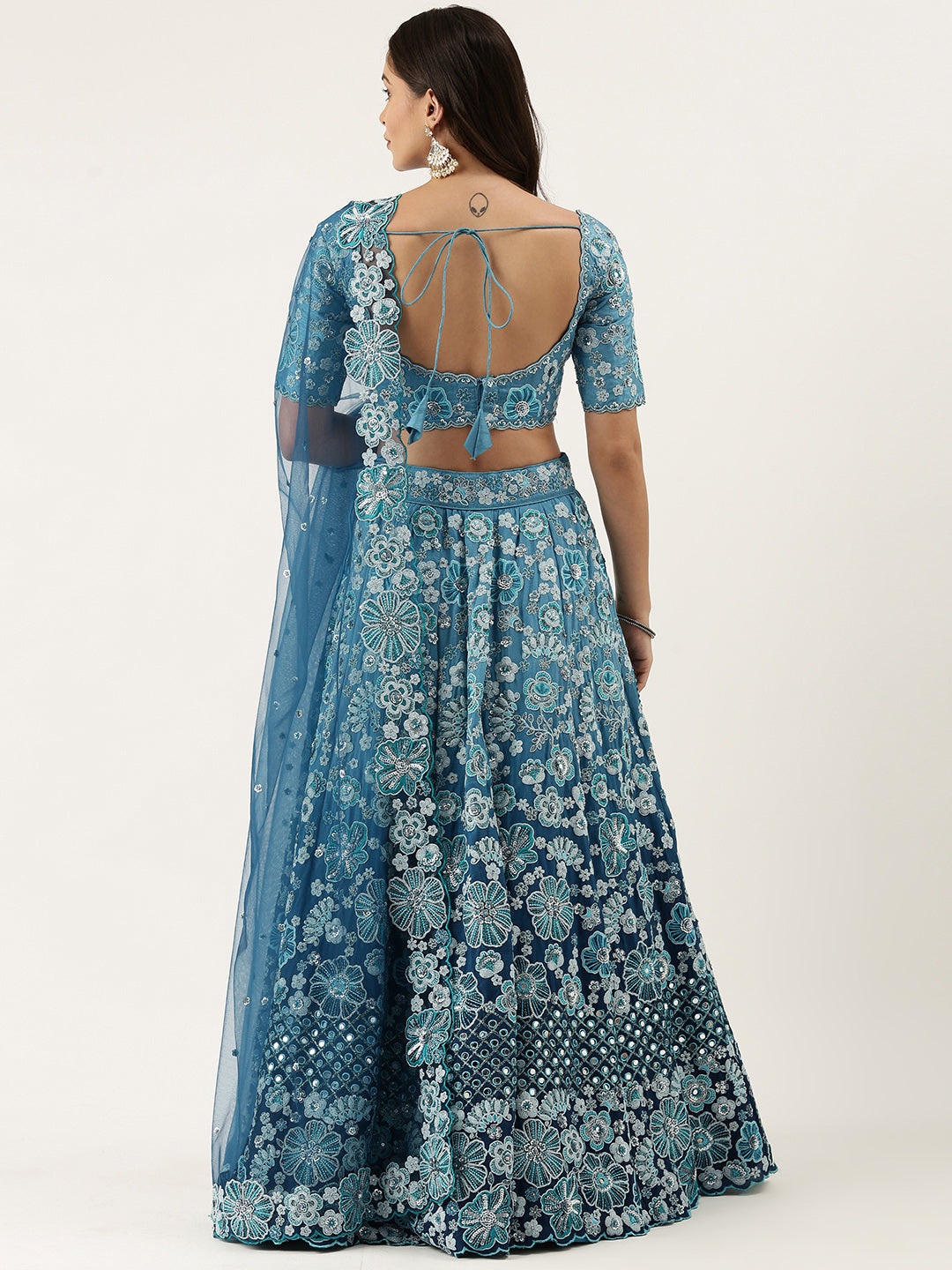 Women's Teal Pure Georgette Sequinse Work Fully Stitched Lehenga & Fully Stitched Blouse With Dupatta - Royal Dwells