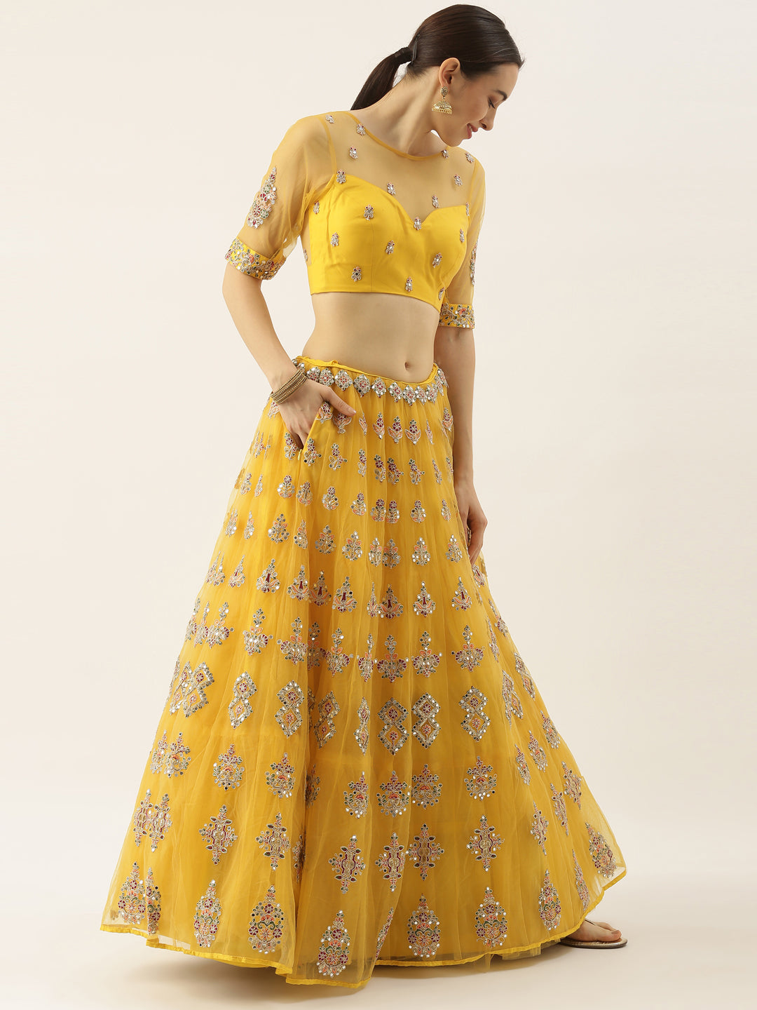 Women's Mustard Embroidered Net Fully Stitched Lehenga & Blouse With Dupatta - Royal Dwells