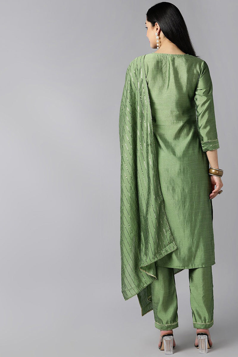 Women's Green Yoke Design Regular Kurta With Pants With Dupatta - Ahika