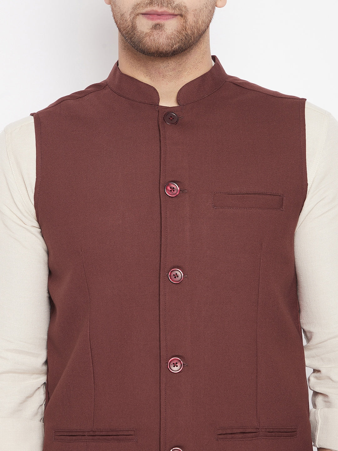 Men's Maroon Color Woven Nehru Jacket - Even Apparels