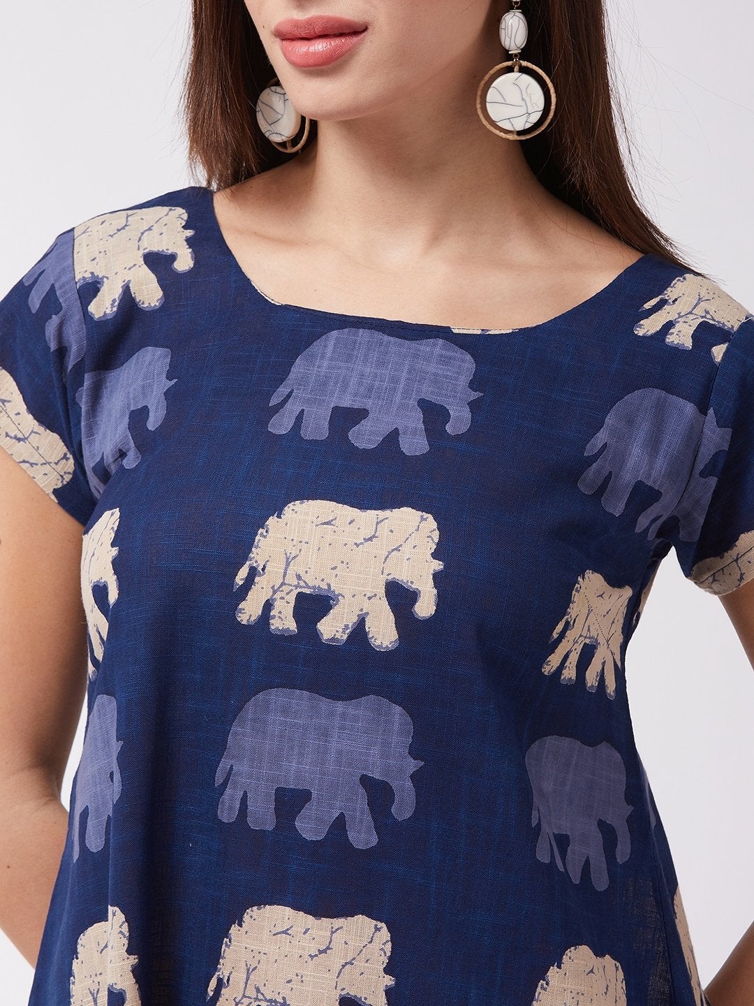 Women's Blue Elephant Motif Midi Dress - InWeave