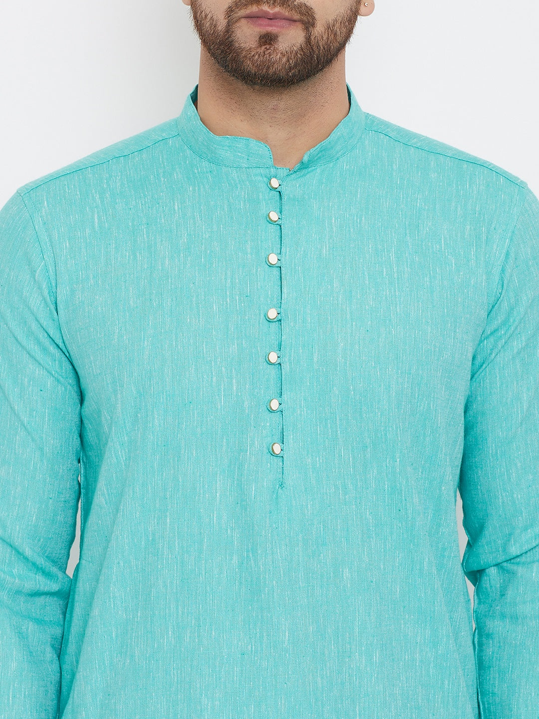 Men's Solid Turquoise Placket Detail Cotton Kurta
