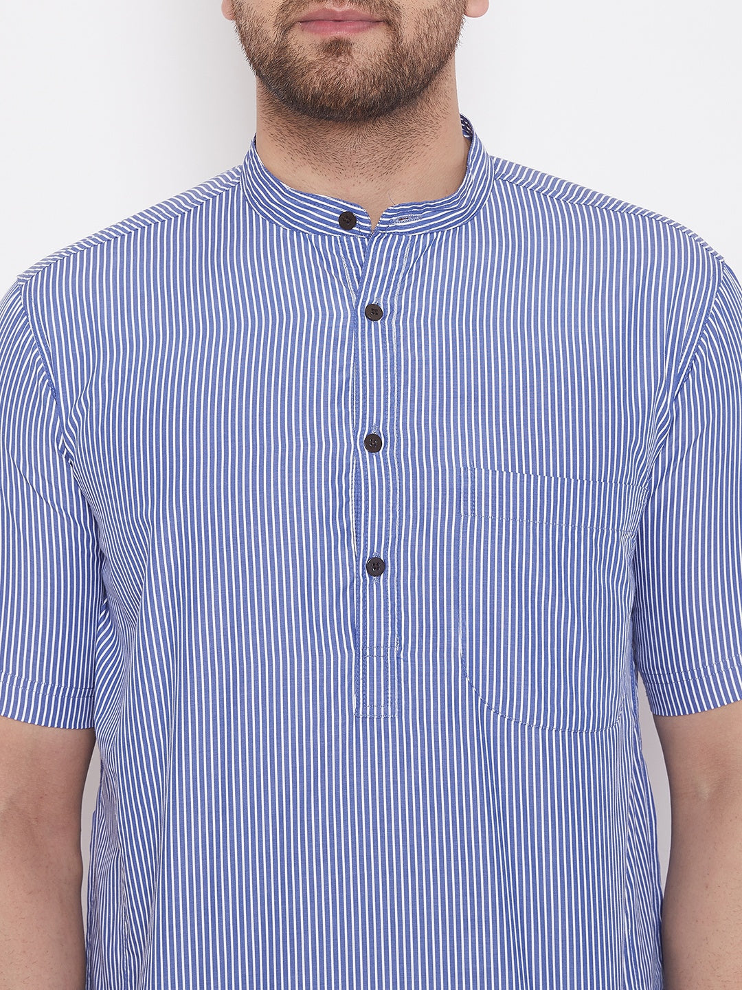 Men's Striped Blue Cotton Kurta
