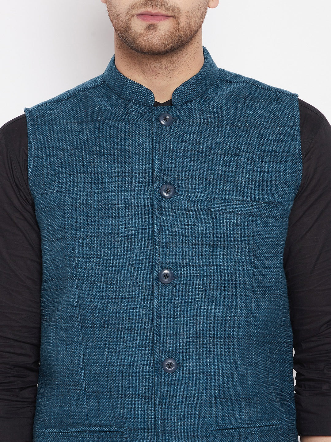 Men's Blue Color Woven Nehru Jacket - Even Apparels