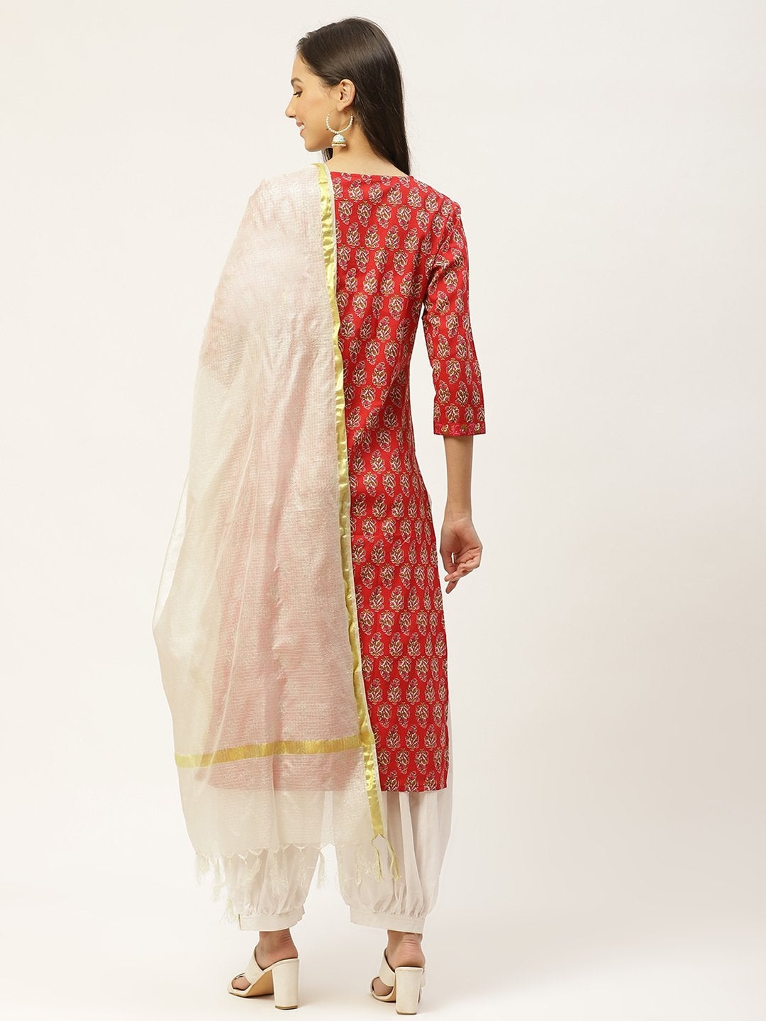 Women's Red & White Ethnic Hand Printed Cotton Kurta with Salwar & Dupatta - Maaesa