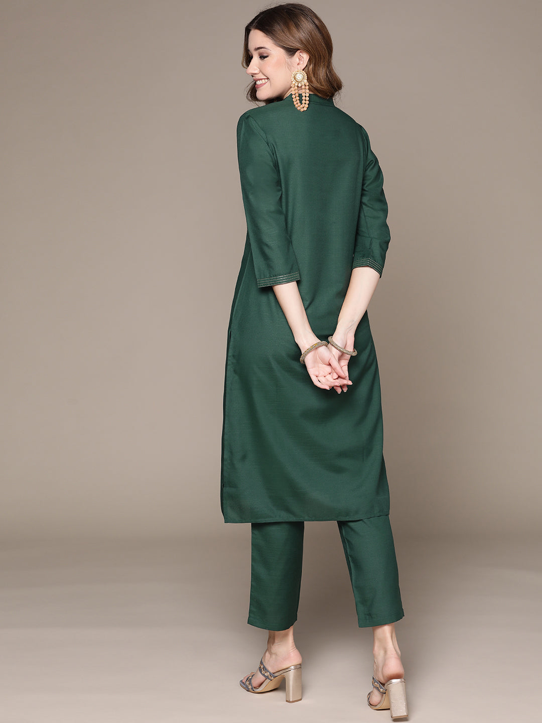 Women's Green Tasseled Cotton Silk Kurta set with Trousers