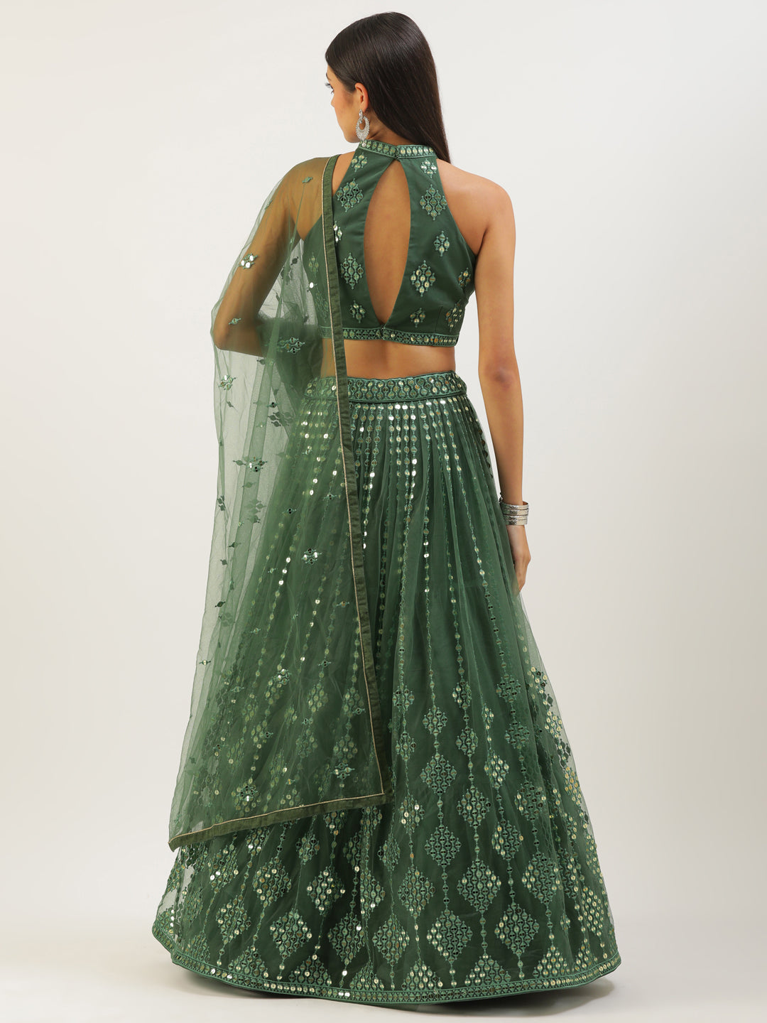 Women's Seagreen - Net Sequins Work Fully-Stitched Lehenga - Royal Dwells
