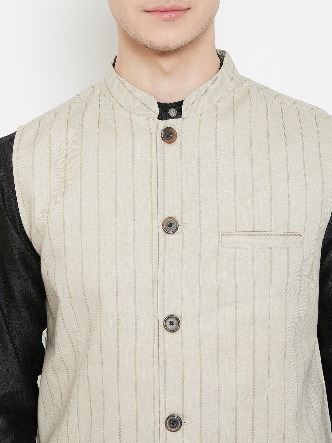 Men's Striped Beige Linen Nehru Jacket - Even Apparels