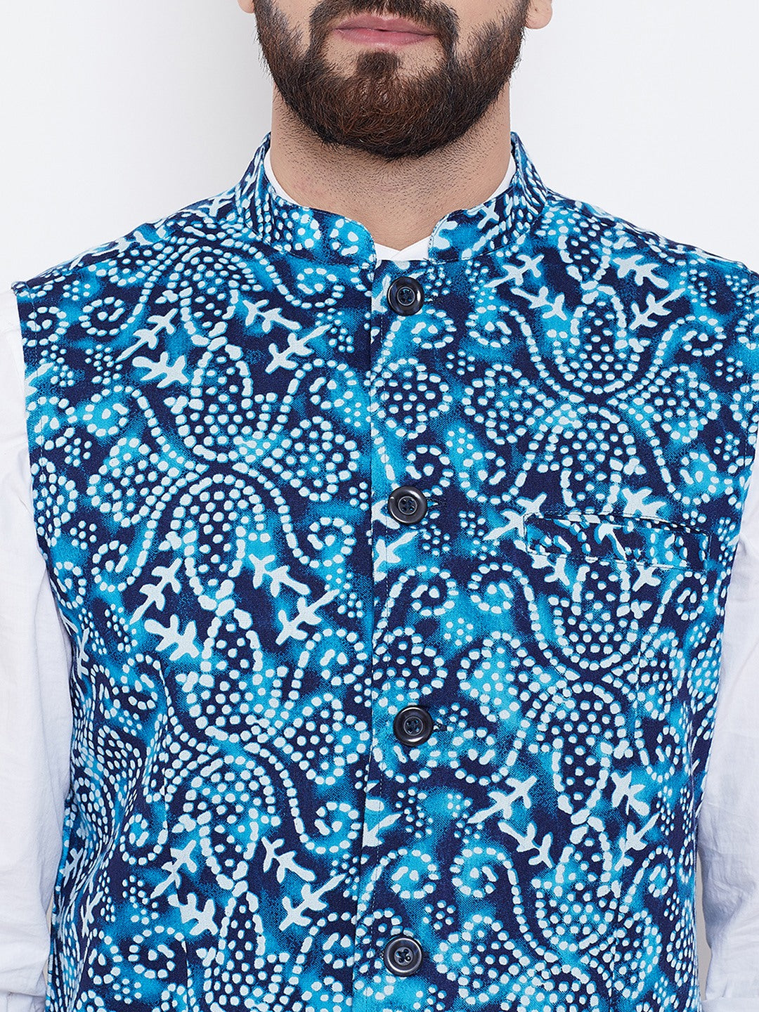 Men's Blue Printed Nehru Jacket  - Even Apparels