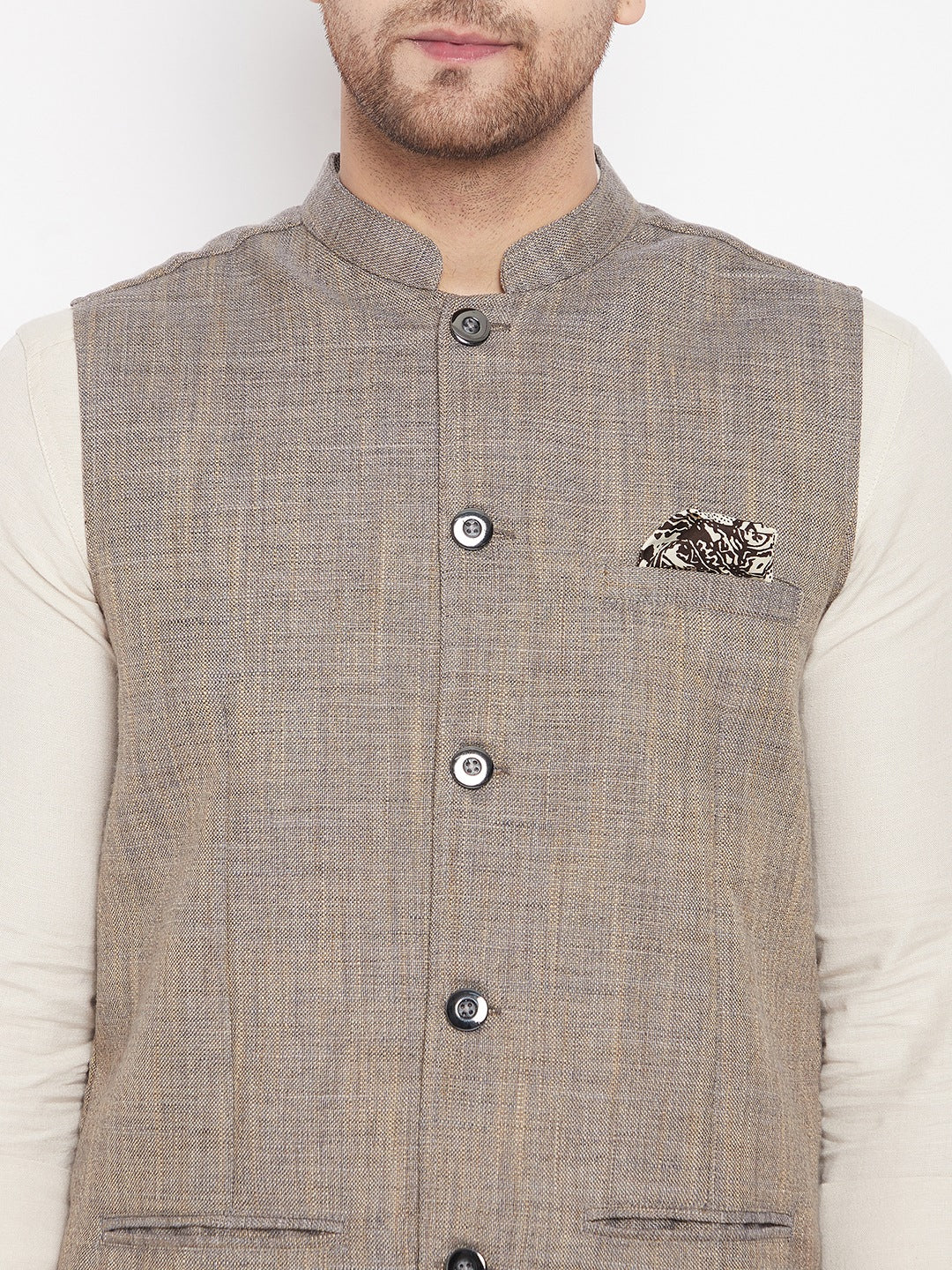 Men's Brown Color Woven Nehru Jacket - Even Apparels