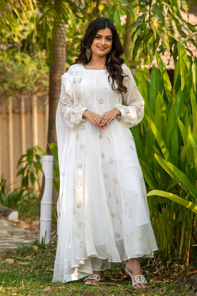 Women's White Sequin Alternate Kali Anarkali Set