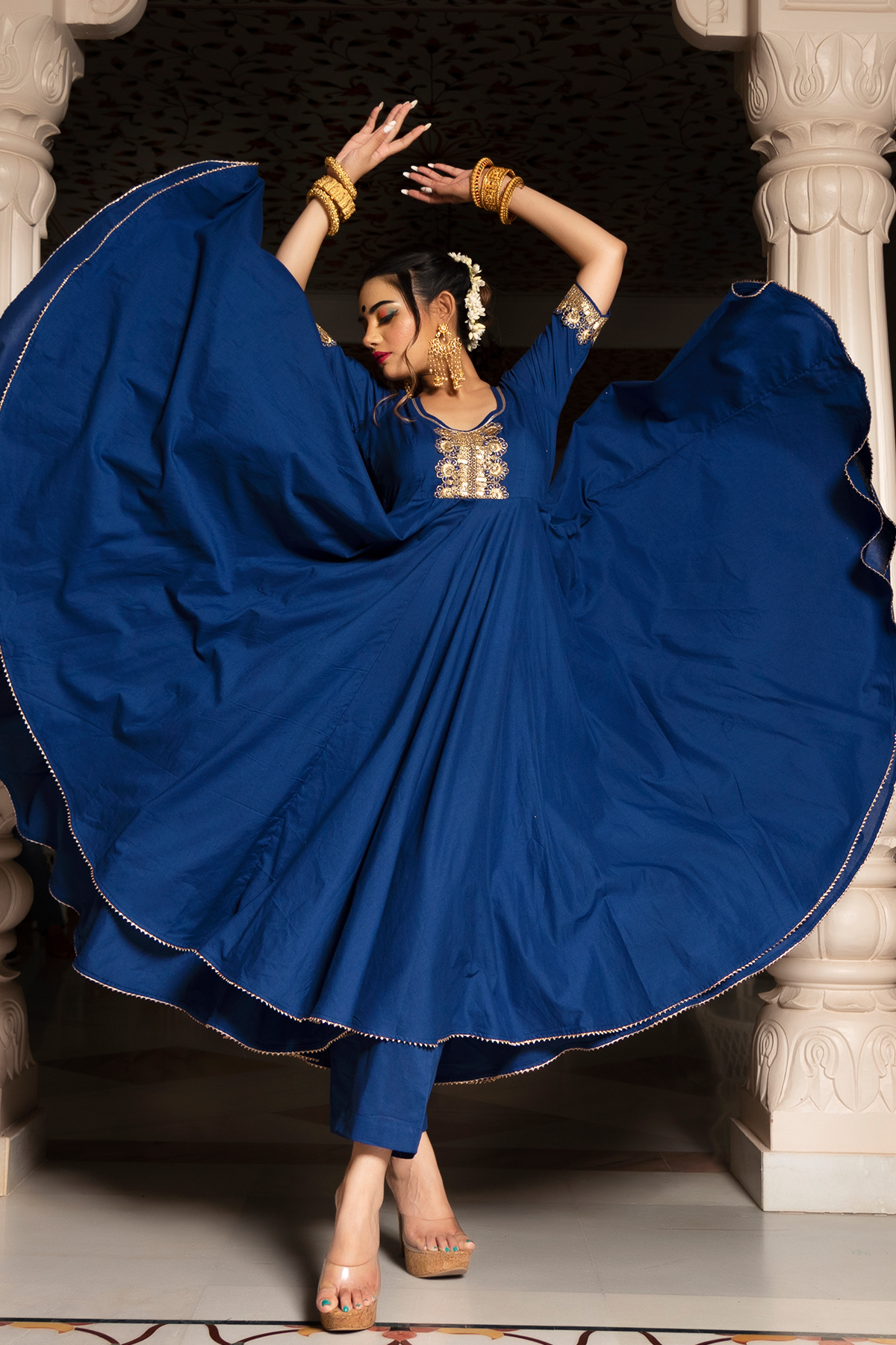 Women's Blue Anarkali suit with Dupatta by Pomcha Jaipur- (3pcs set)